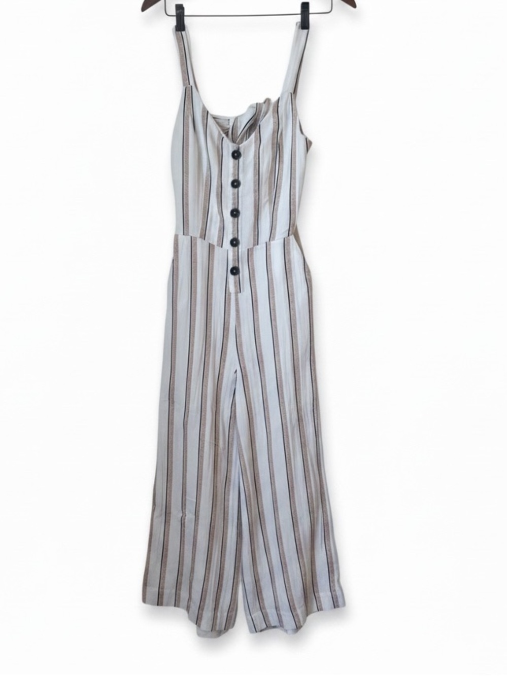 Black Tape_ Striped Sleeveless Jumpsuit in White, Brown and Black
